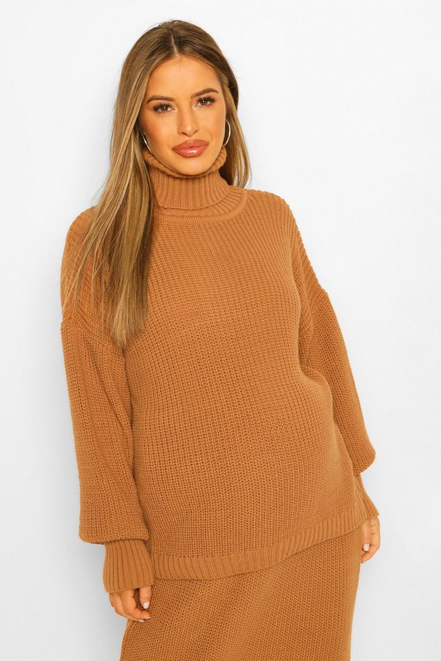 Camel Maternity Roll Neck Jumper And Skirt Co-Ord image number 1