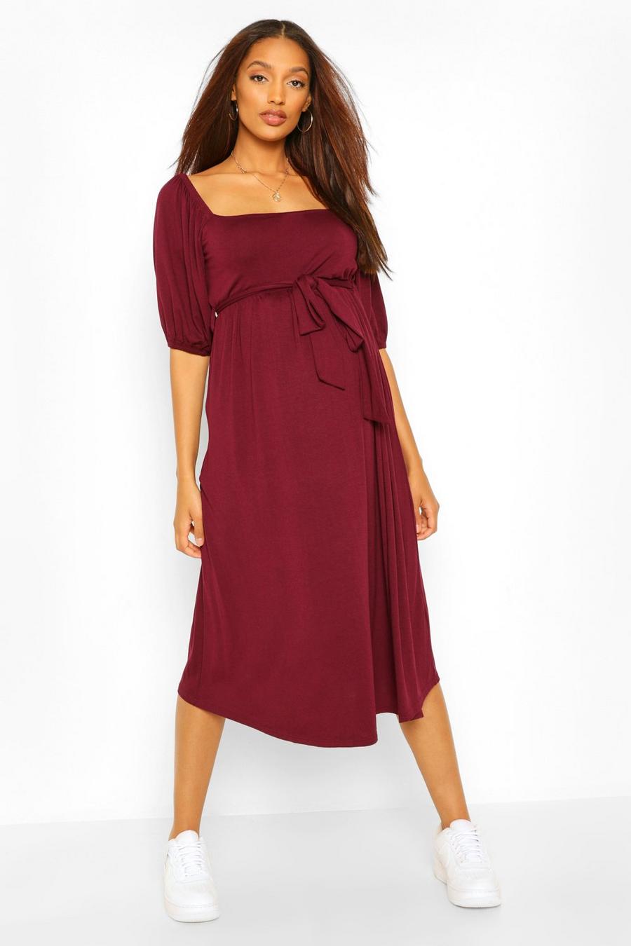 Berry red Maternity Tie Waist Puff Sleeve Midi Dress image number 1