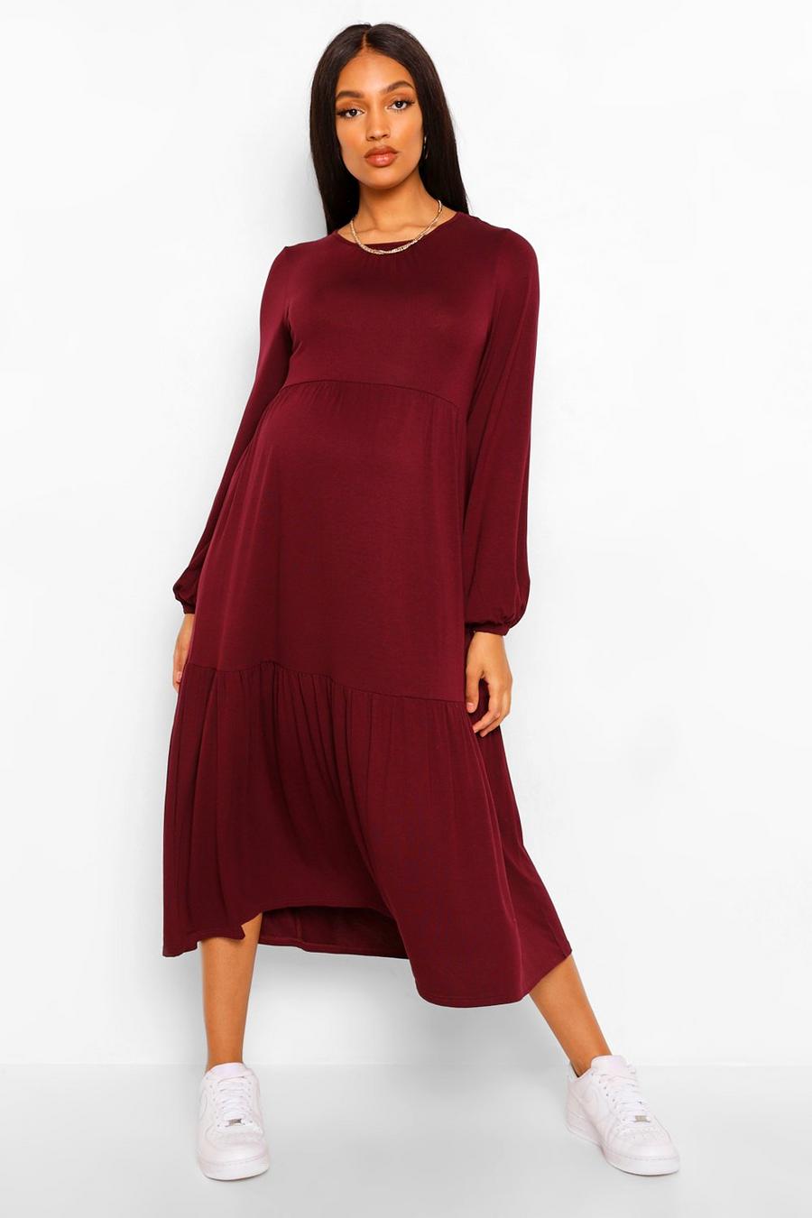 Berry red Maternity Tiered Midi Smock Dress image number 1
