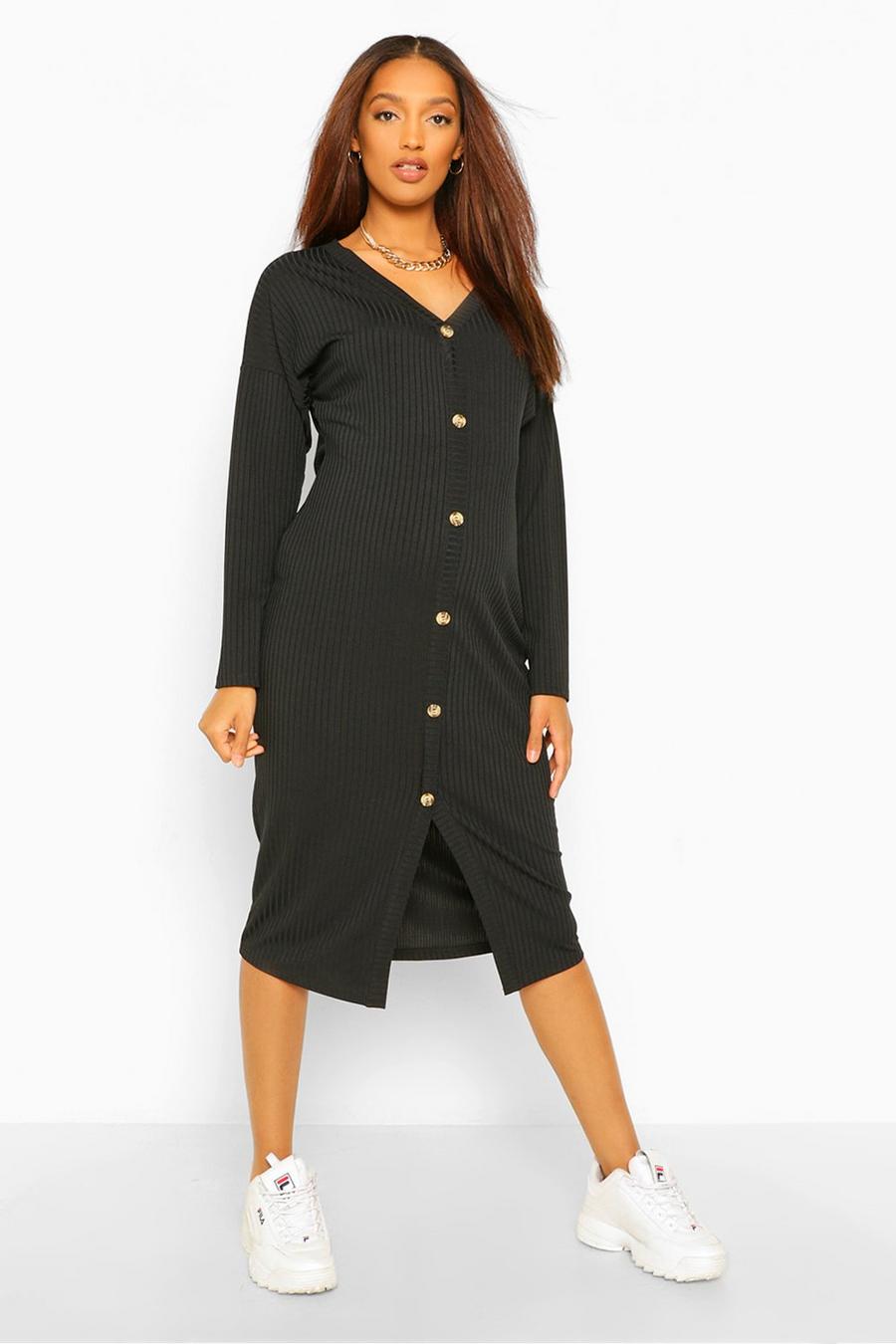 Black Maternity Button Front Rib Slouchy Midi Dress image number 1