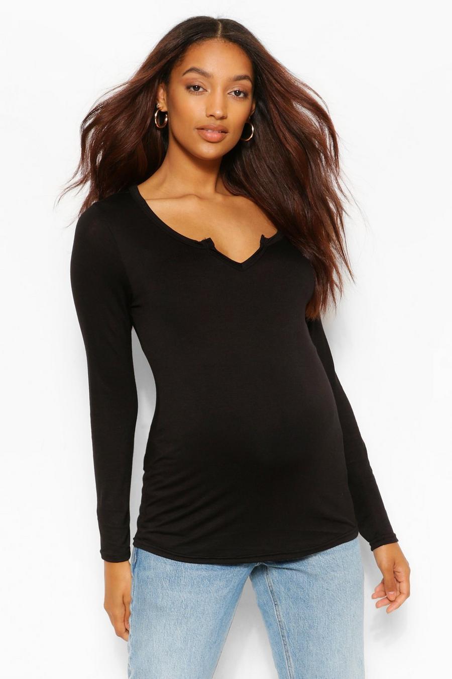Black Maternity Notch Front Long Sleeve Top image number 1