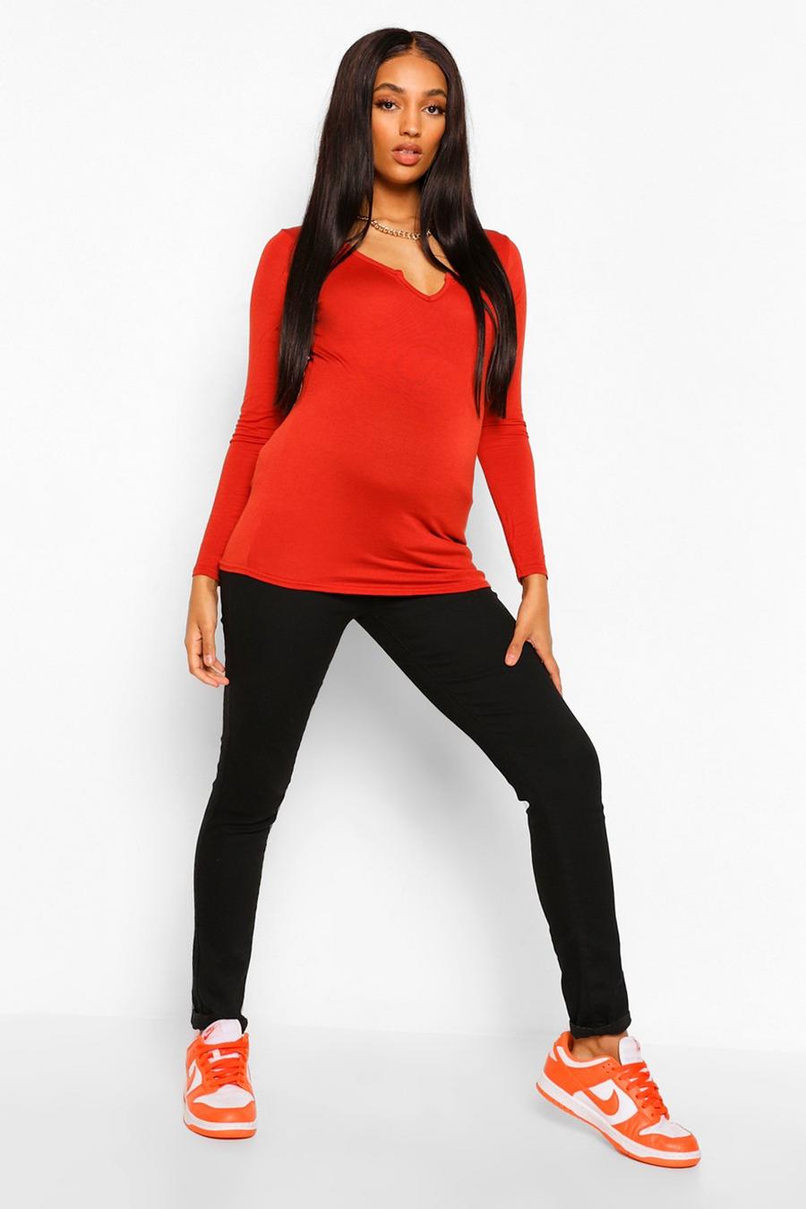 Rust Maternity Notch Front Long Sleeve Top image number 1