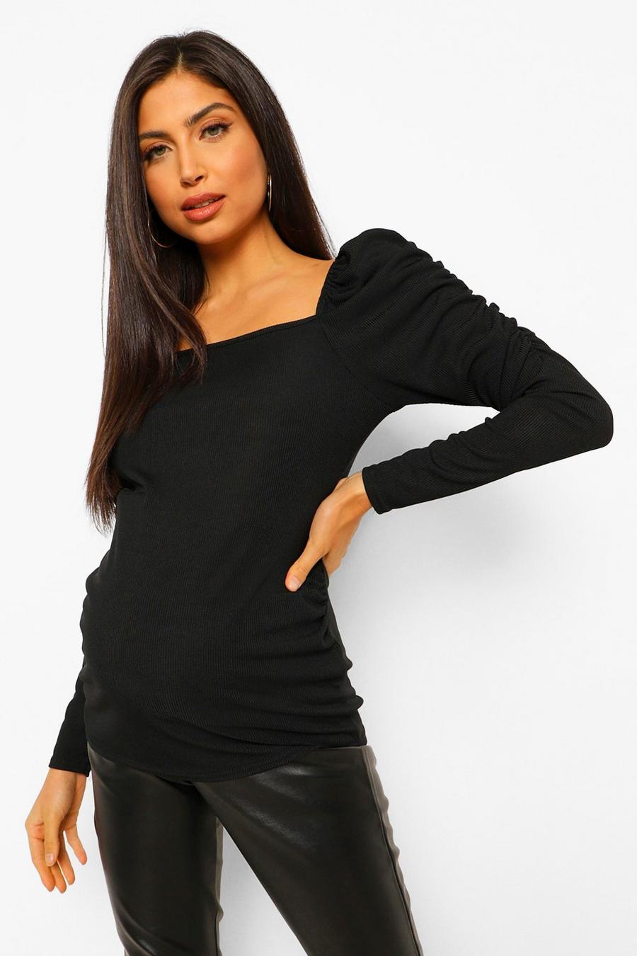Black Maternity Square Neck Puff Sleeve Top image number 1