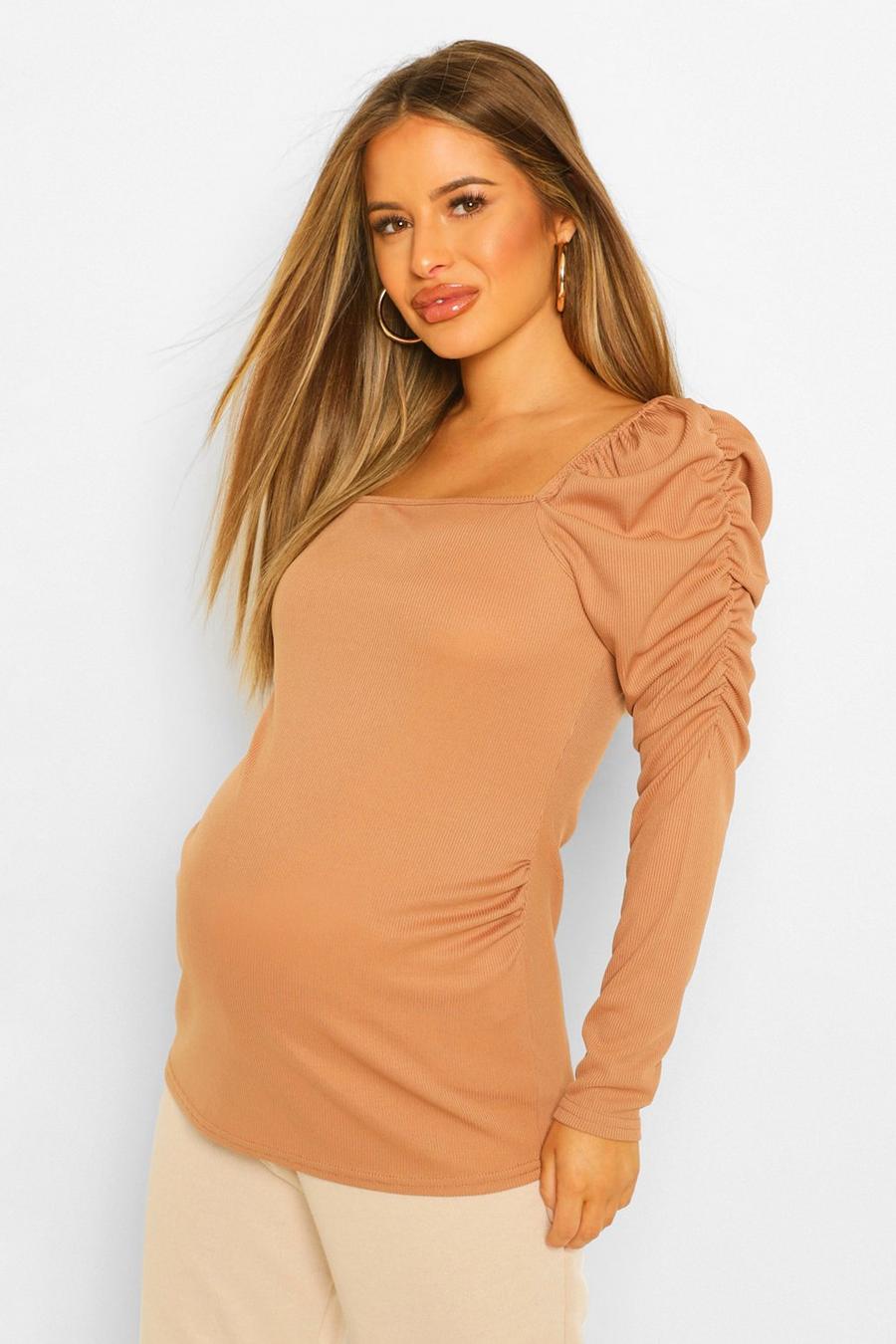 Camel Maternity Square Neck Puff Sleeve Top image number 1