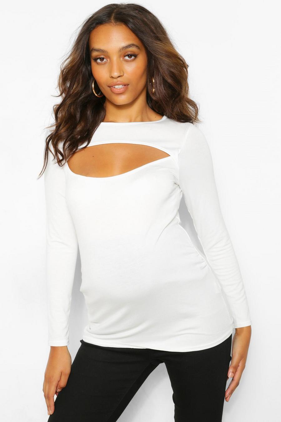 White Maternity Cut Out Detail Long Sleeve T-Shirt image number 1