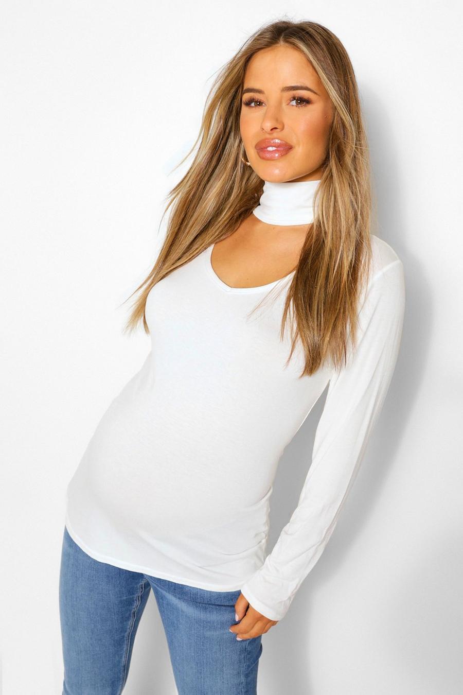 White Mammakläder - Långärmad topp med V-ringning och chokerdetalj image number 1