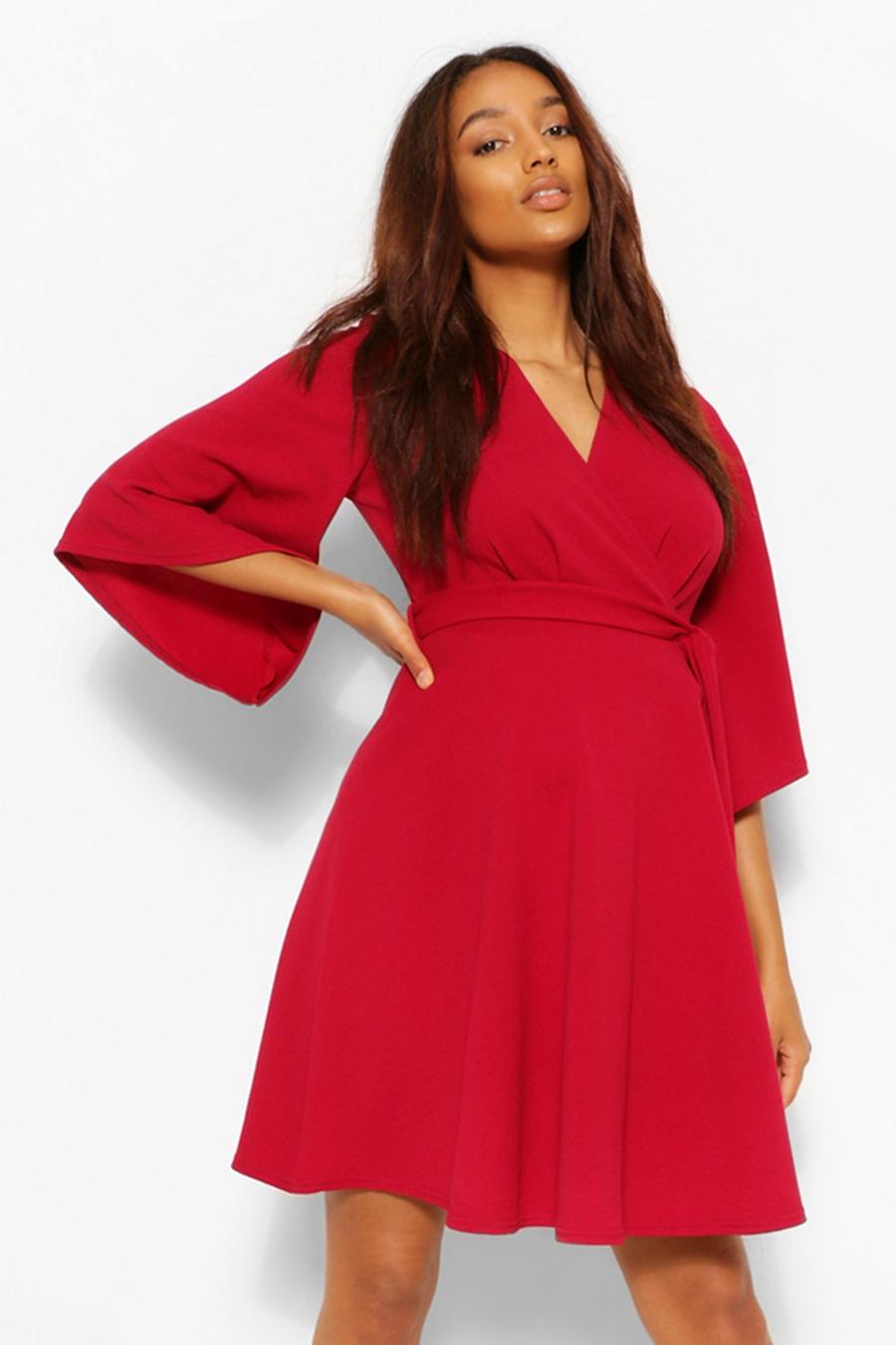 Berry red Maternity Angel Sleeve Tie Waist Skater Dress image number 1
