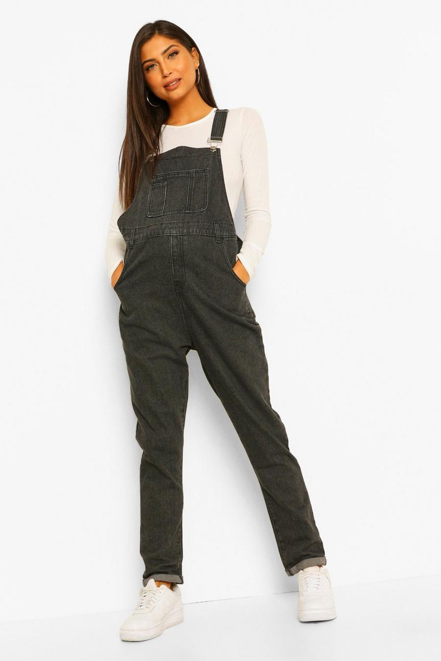 Washed black Maternity Distressed Washed Dungaree image number 1