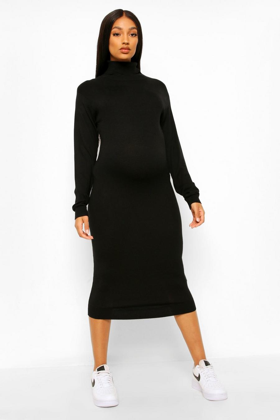Black Maternity Turtleneck Rib Knit Midi Dress image number 1