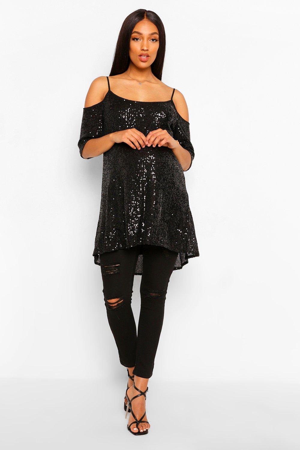 Cold shoulder sequin online top