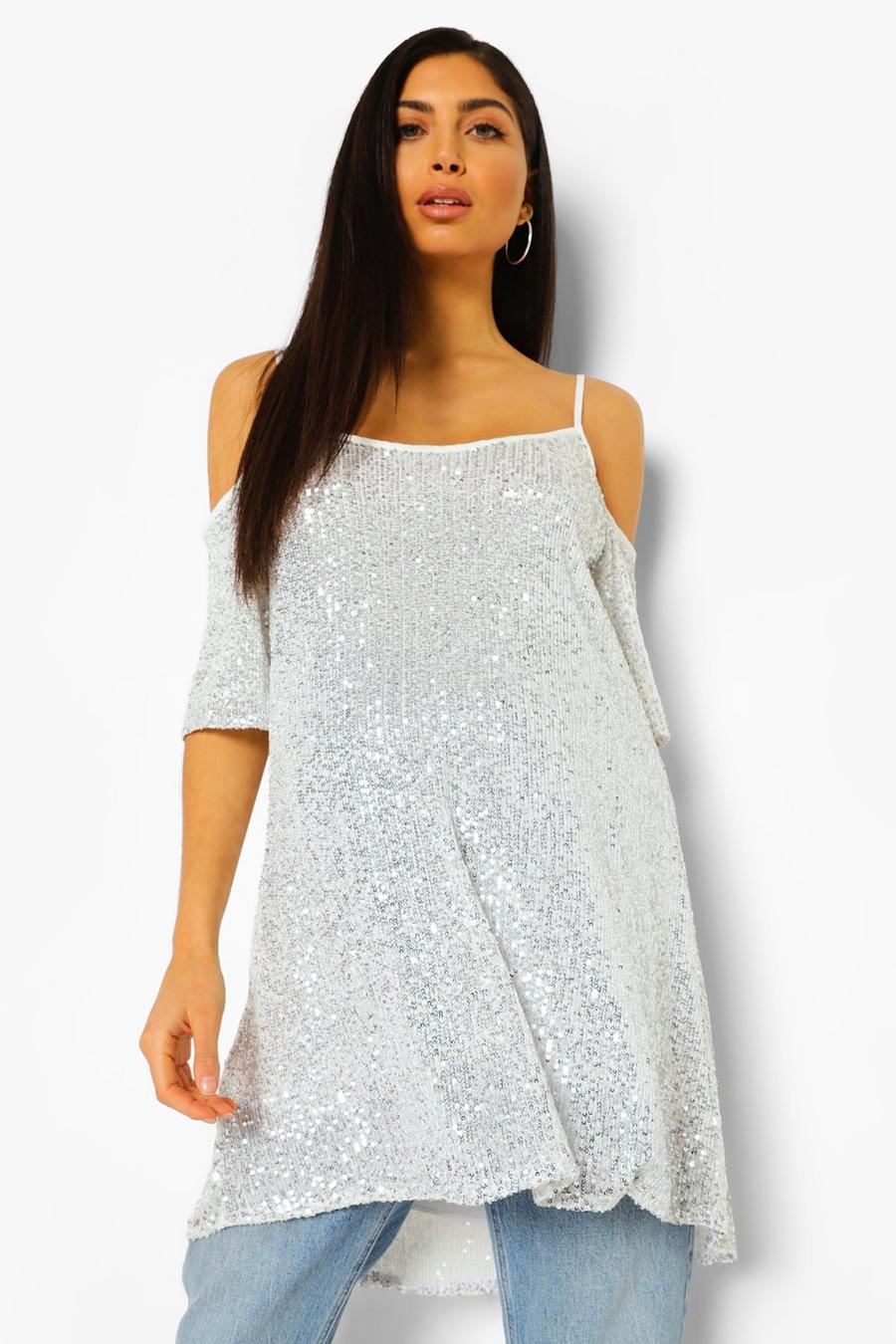 Silver Maternity Cold Shoulder Tunic Sequin Top image number 1