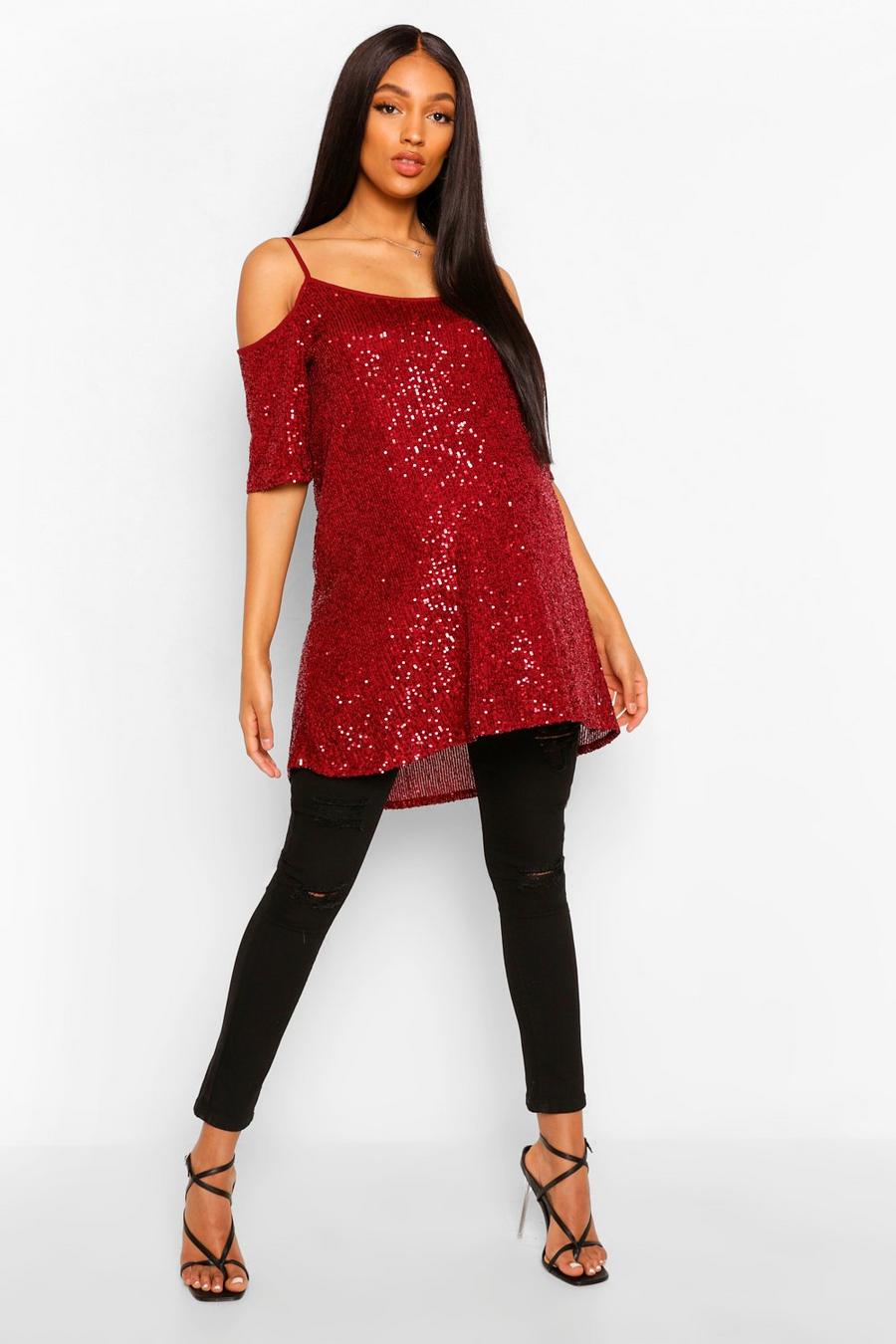 Wine Maternity Cold Shoulder Tunic Sequin Top image number 1
