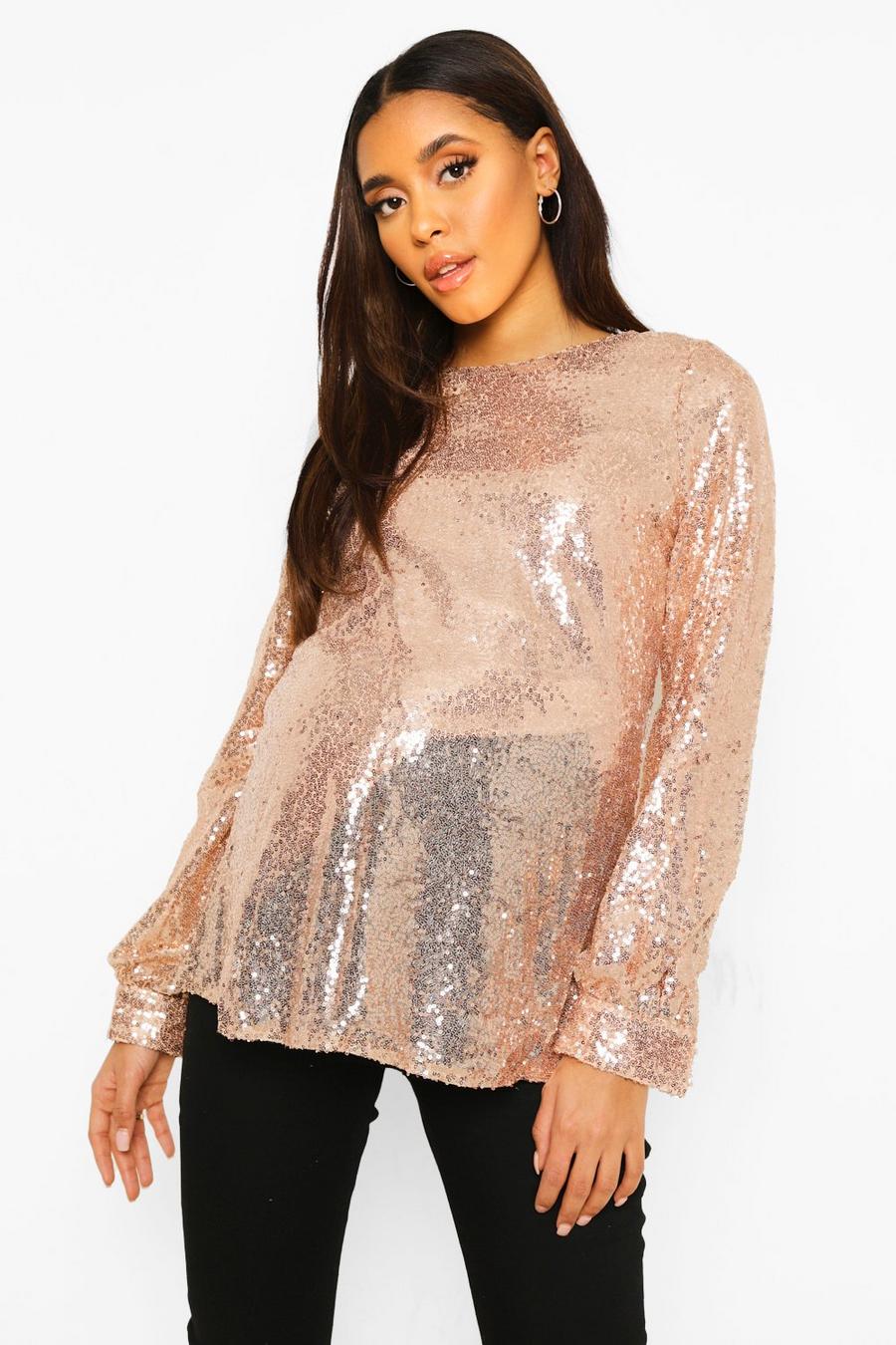 Gold Maternity Drape Sleeve Sequin Top image number 1