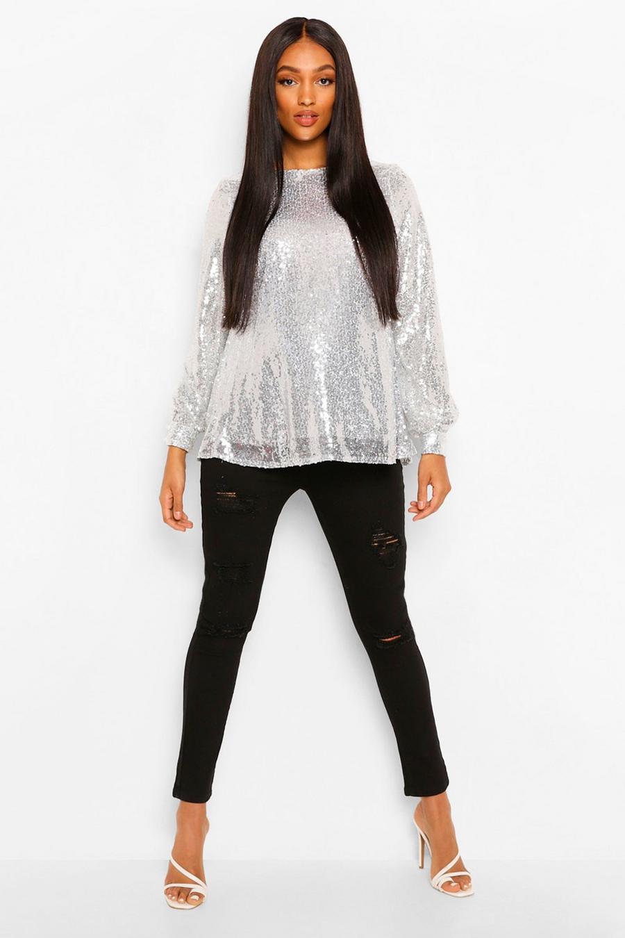 Silver Maternity Drape Sleeve Sequin Top image number 1