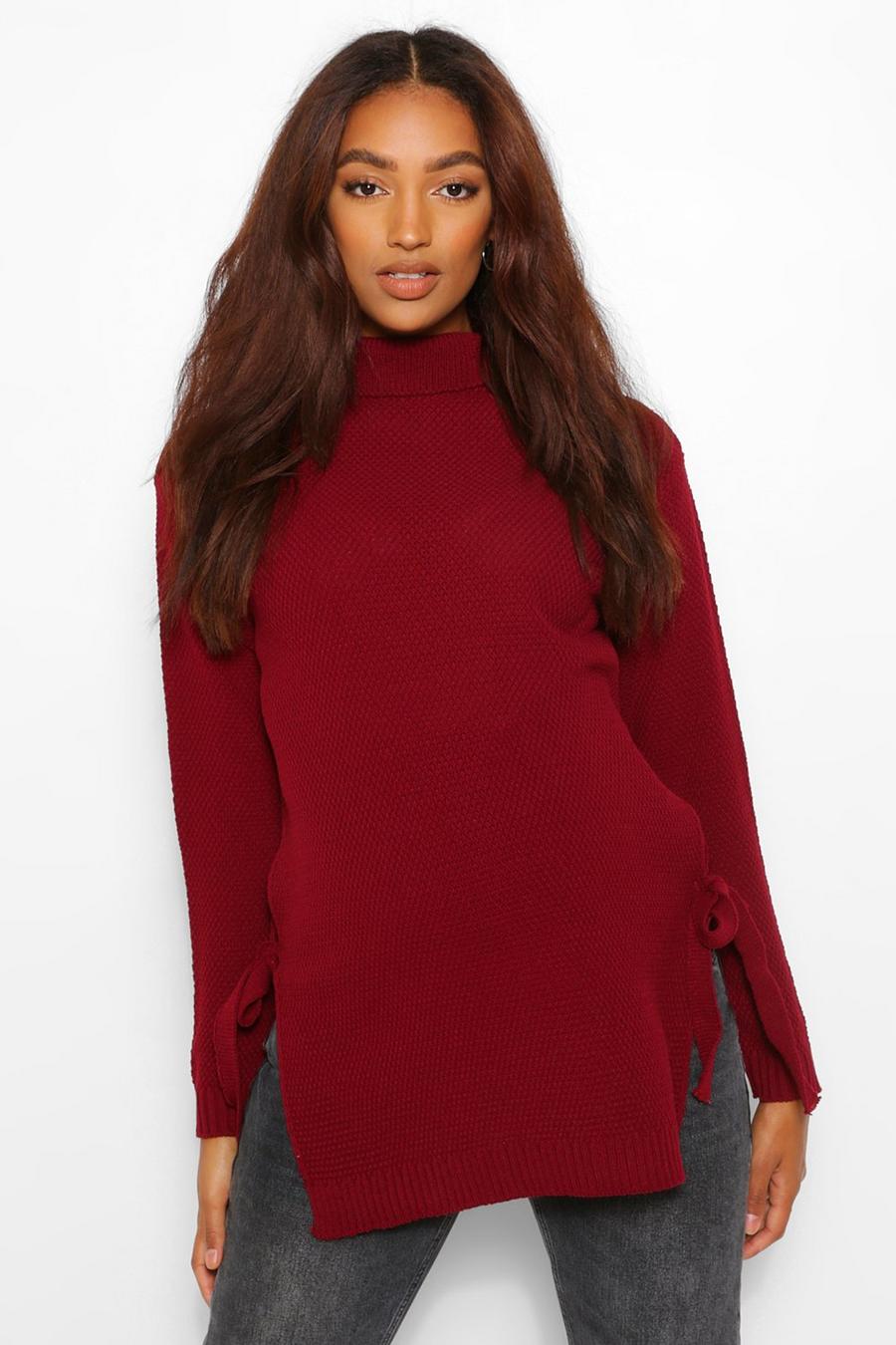 Wine red Maternity Tie Side Turtleneck Sweater image number 1