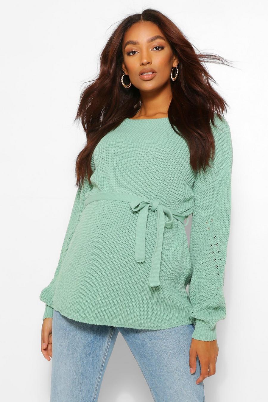Sage green Maternity Balloon Sleeve Side Split Sweater image number 1