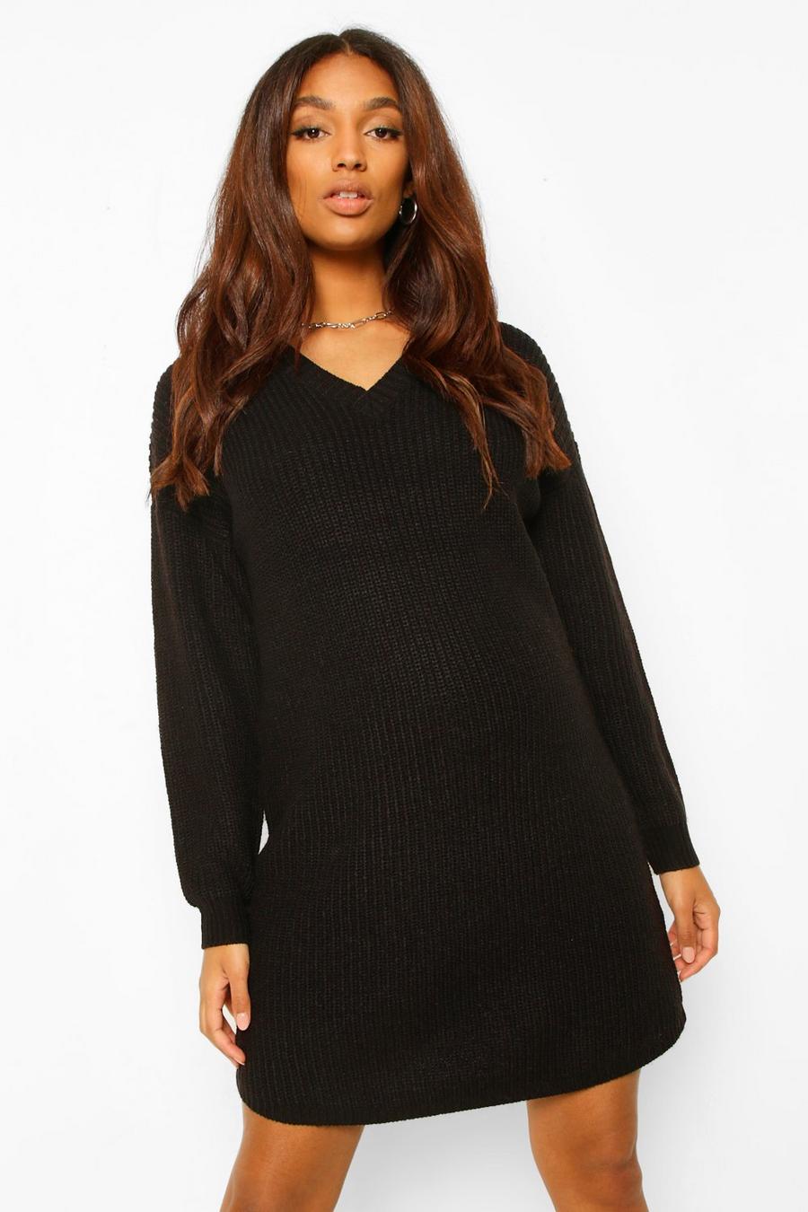 Black Maternity V-Neck Knitted Sweater Dress image number 1