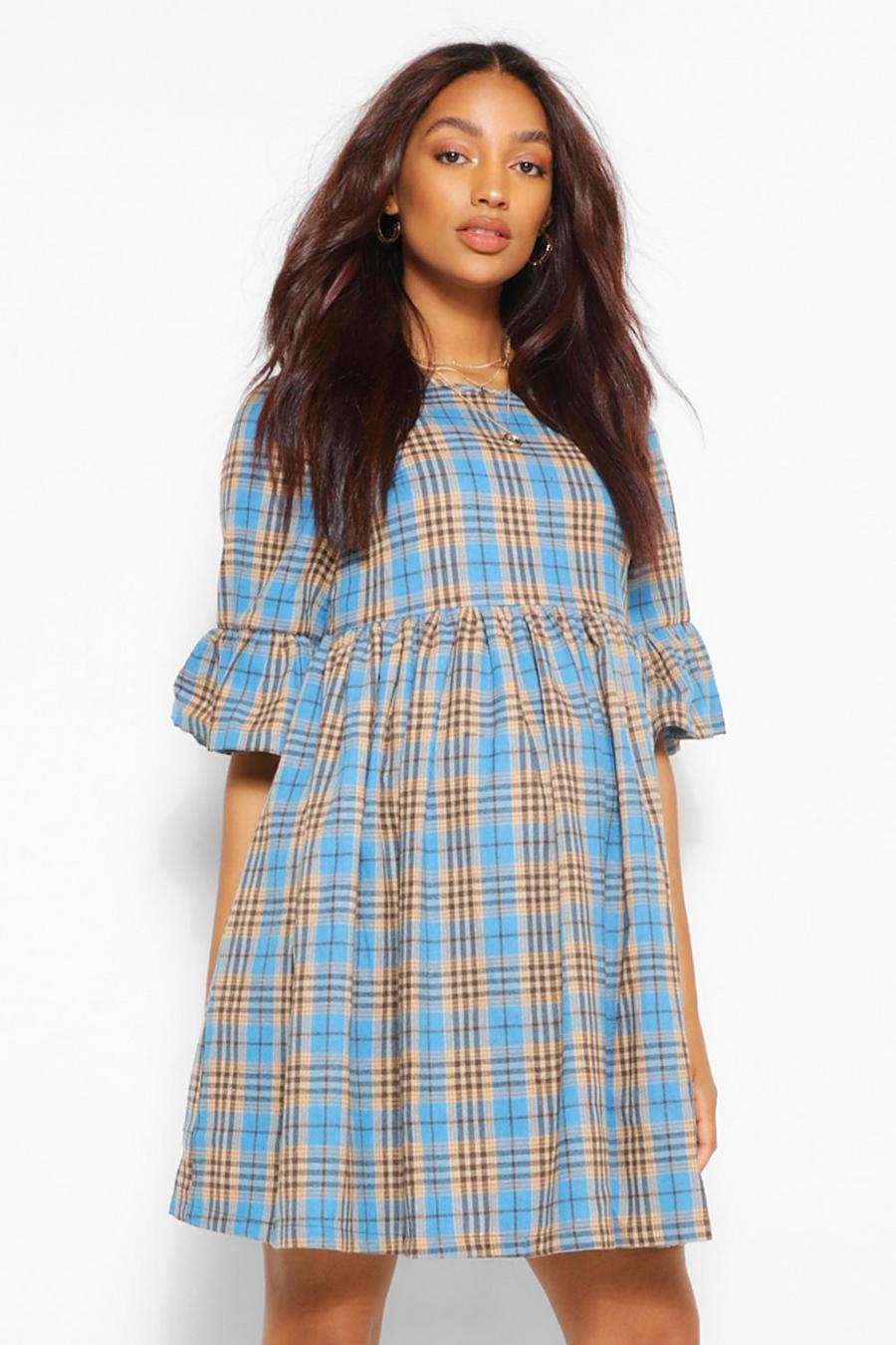 Blue Maternity Woven Check Smock Dress image number 1