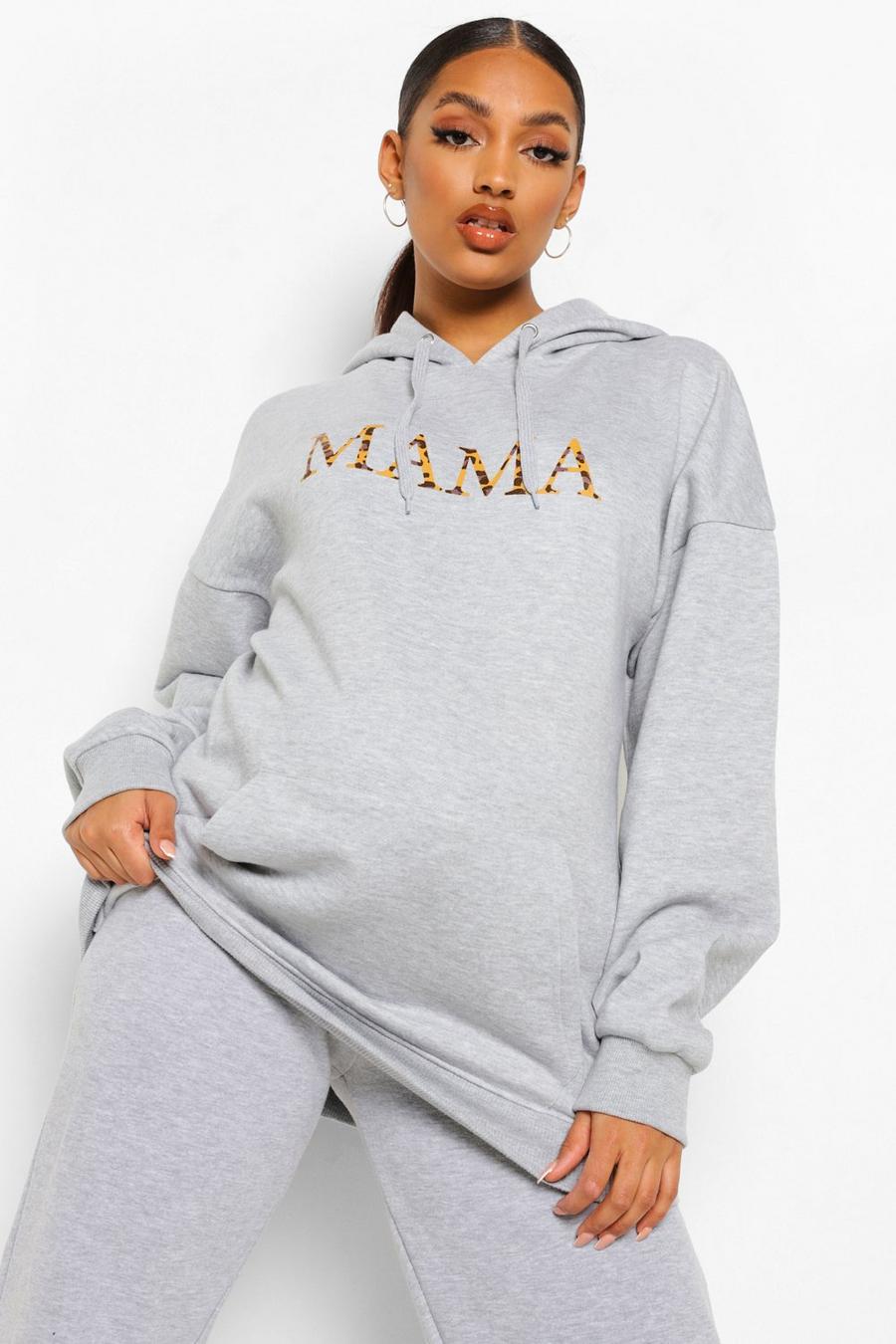 Grey marl Mammakläder - "Mama" Hoodie med leopardmönstrad text image number 1