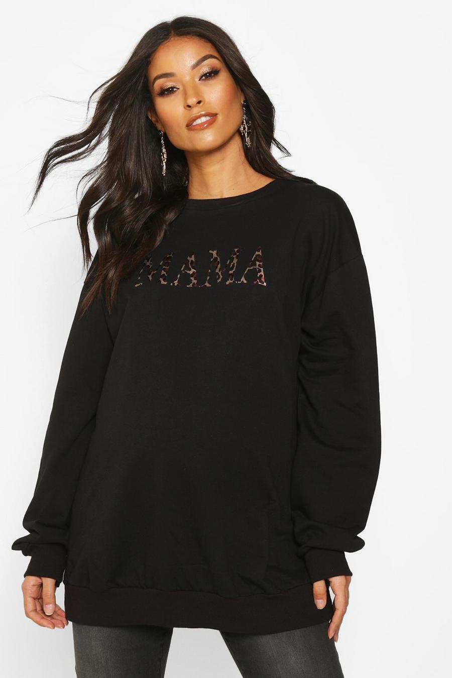 Umstandsmode Sweatshirt mit Leoparden-Print und „Mama“-Slogan, Schwarz image number 1