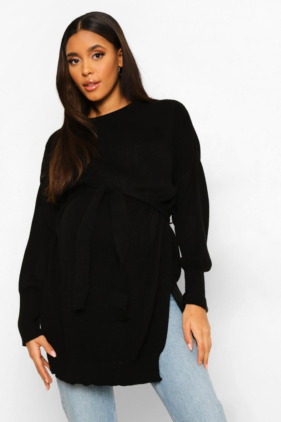Black Maternity Side Split Knitted Tie Waist Sweater image number 1