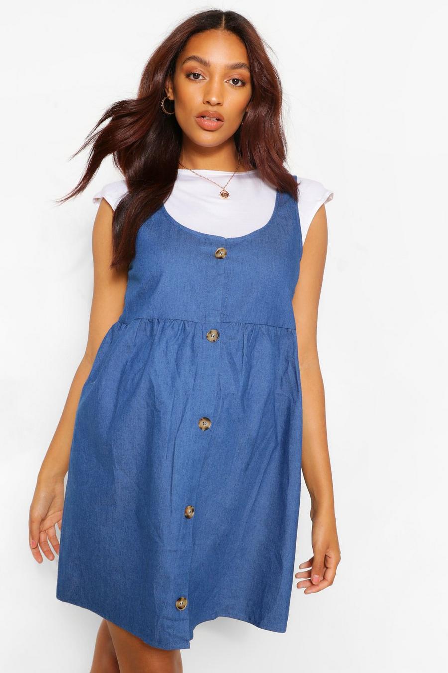 Mid blue Maternity Button Chambray Smock Pinafore Dress image number 1