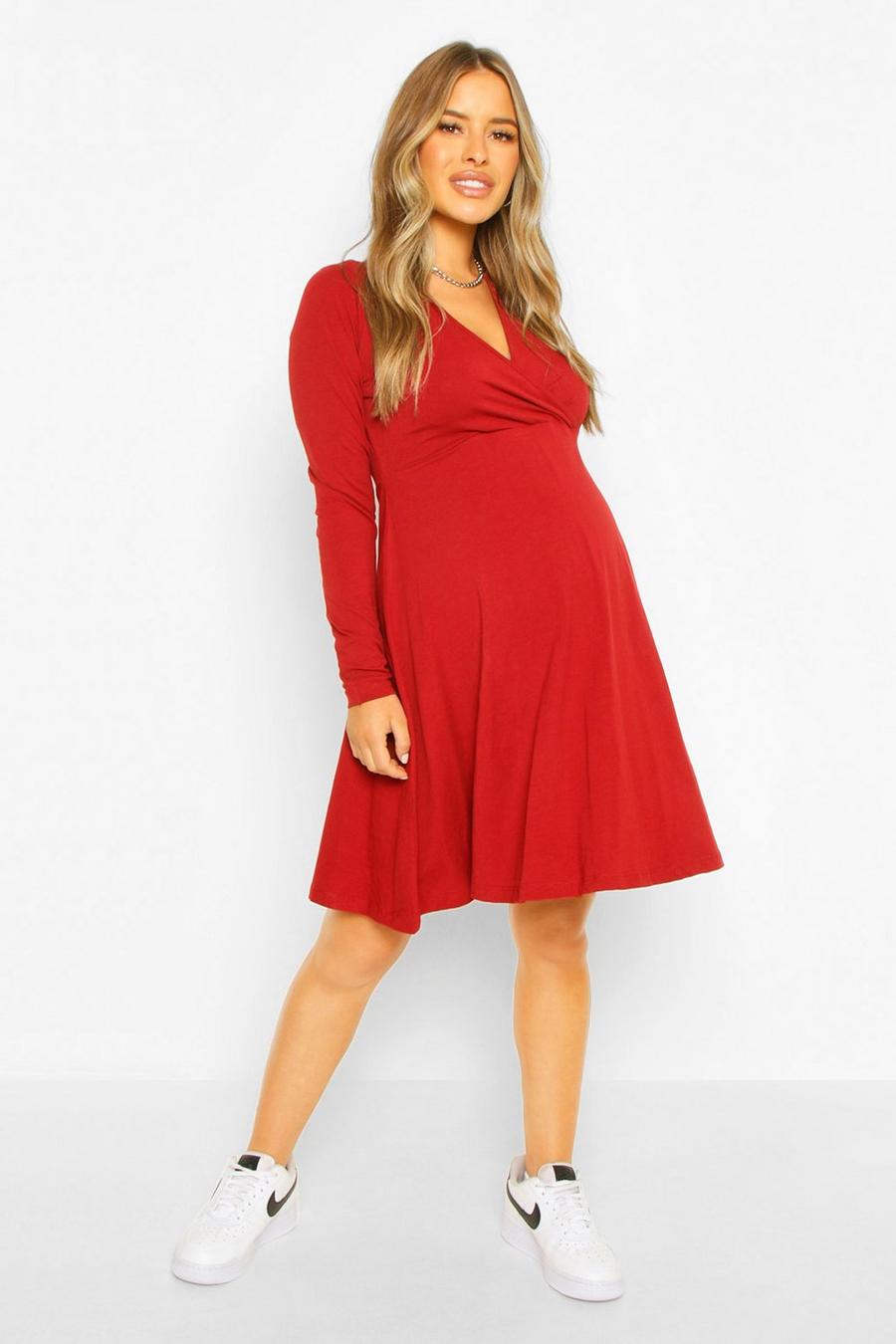 Wine red Maternity Wrap Skater Dress image number 1