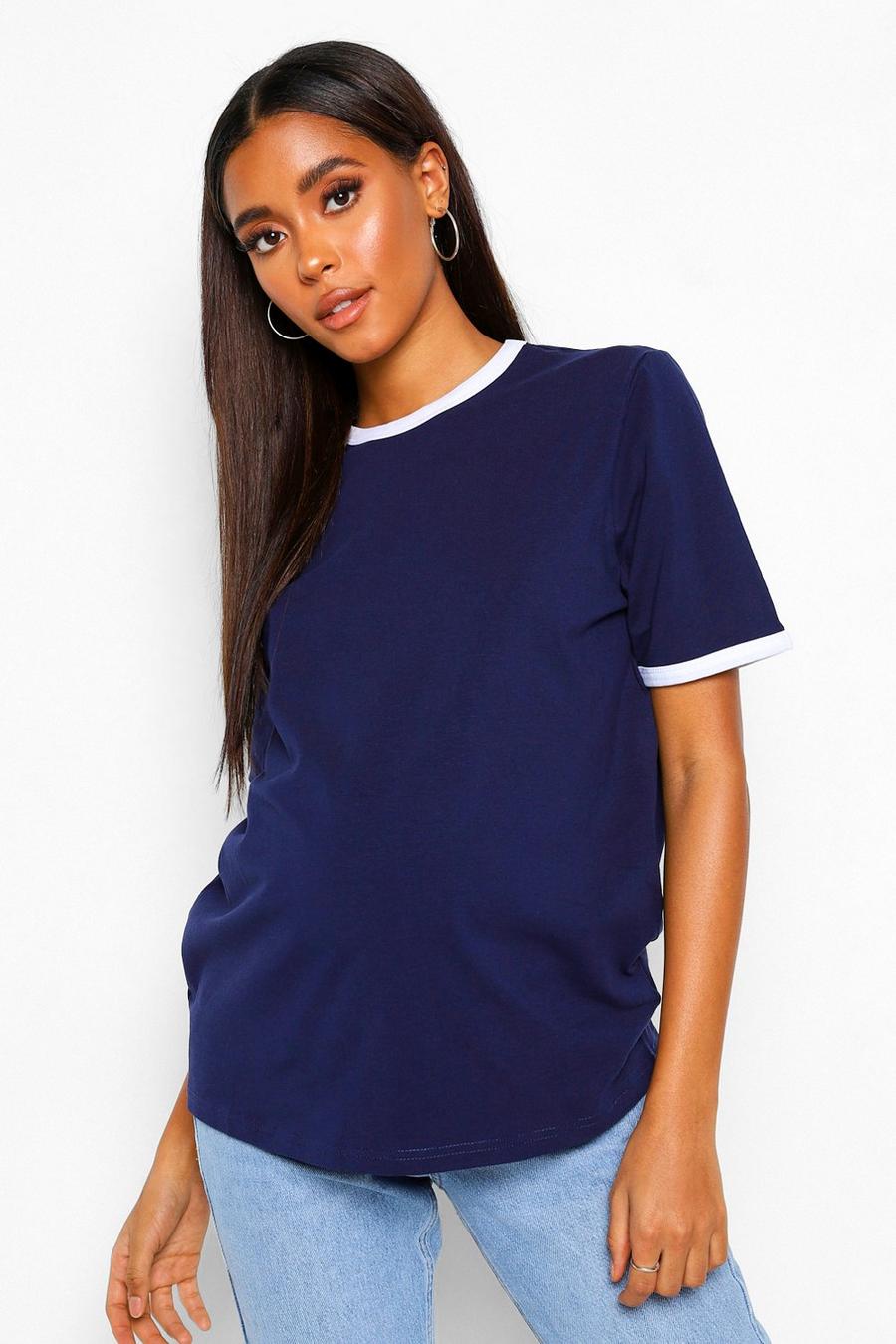 Umstandsmode T-Shirt mit Ringer-Ausschnitt, Marineblau image number 1