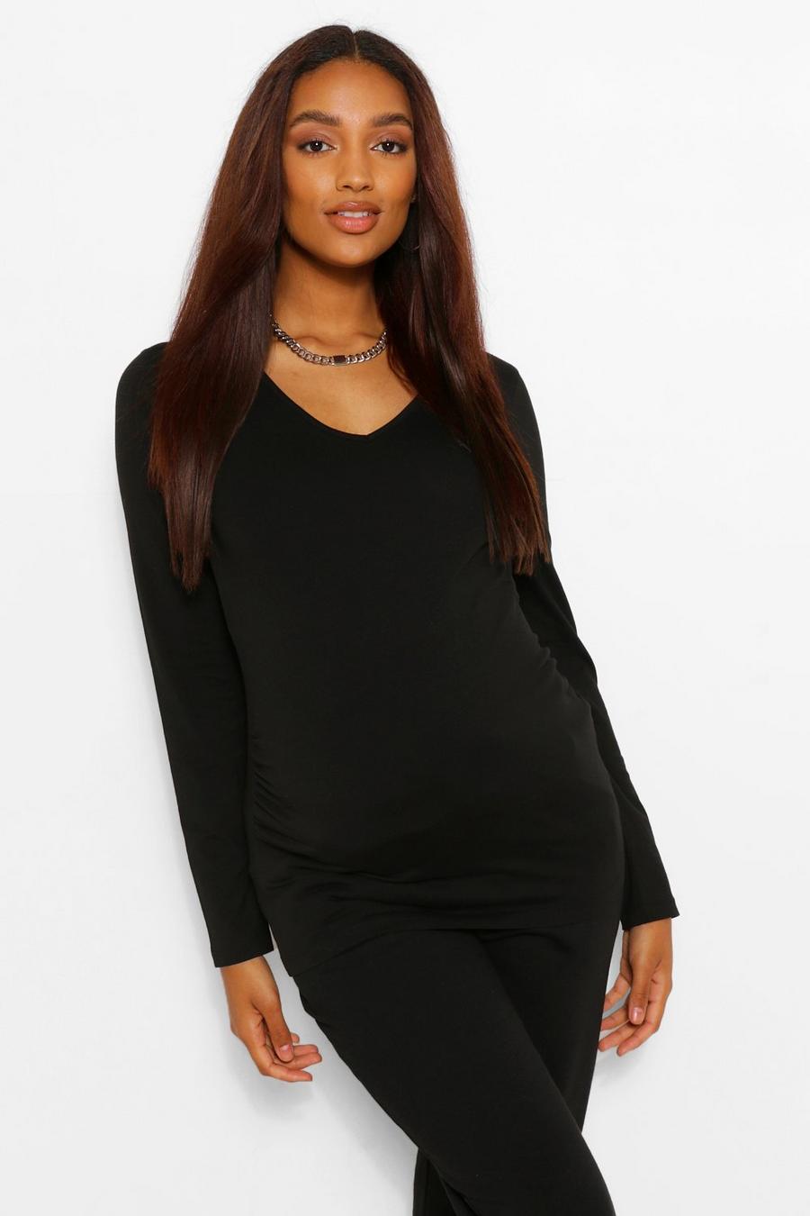 Zwart Zwangerschap T-Shirt Met V-Hals En Lange Mouwen image number 1