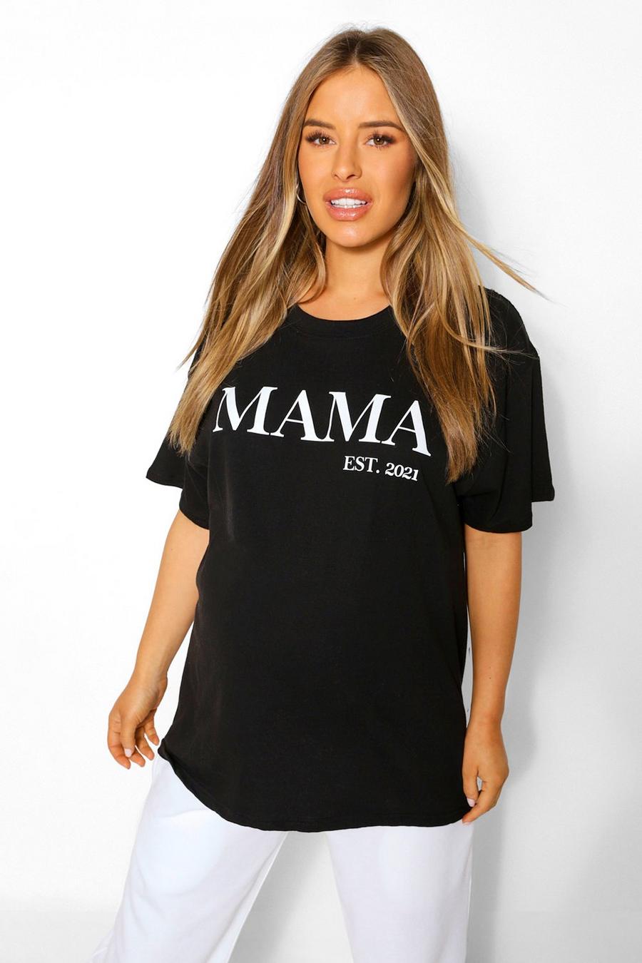 Zwart Zwangerschap Mama Est 2021 T-Shirt  image number 1