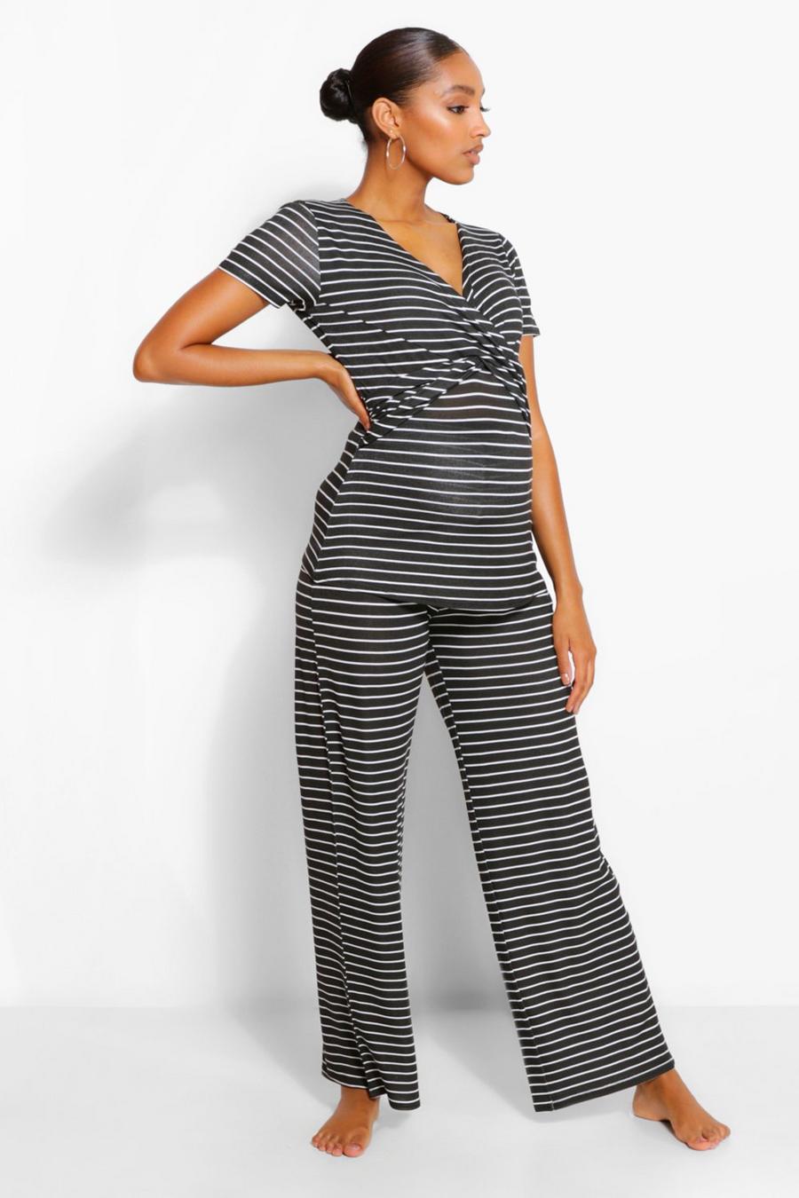 Black Maternity Wrap Stripe Nursing Pj Pants Set image number 1