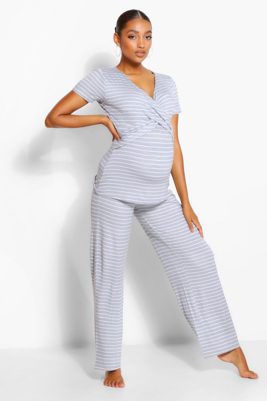 Grey marl Maternity Wrap Striped Nursing Pajamas image number 1