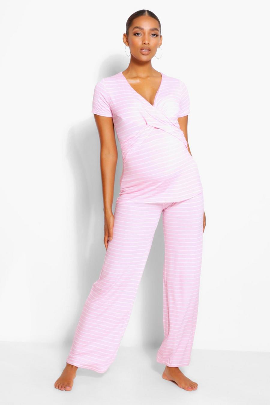 Pale pink Maternity Wrap Striped Nursing Pajamas image number 1
