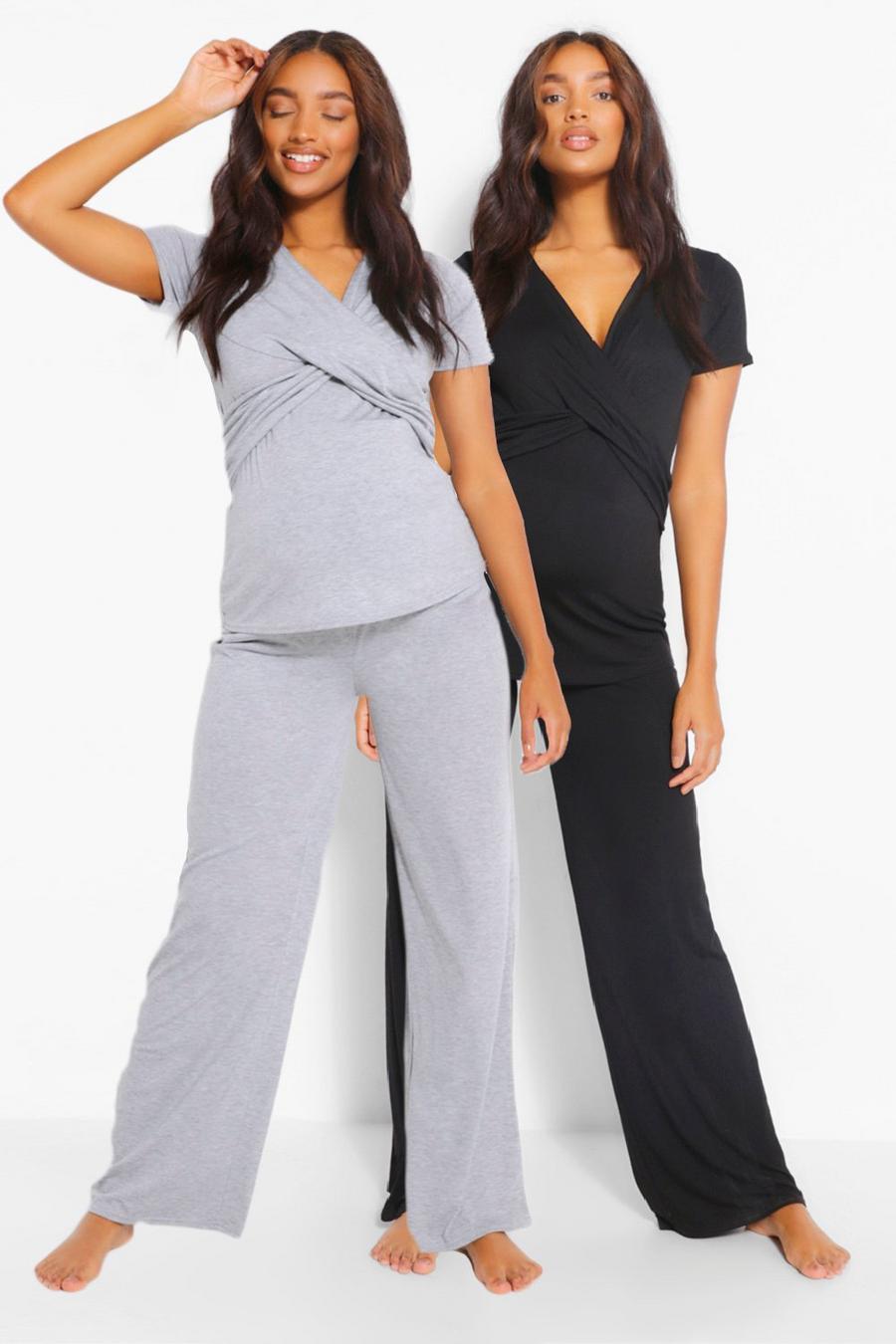 Pack de 2 pijamas Premamá de lactancia con pantalón largo y camiseta cruzada, Negro image number 1