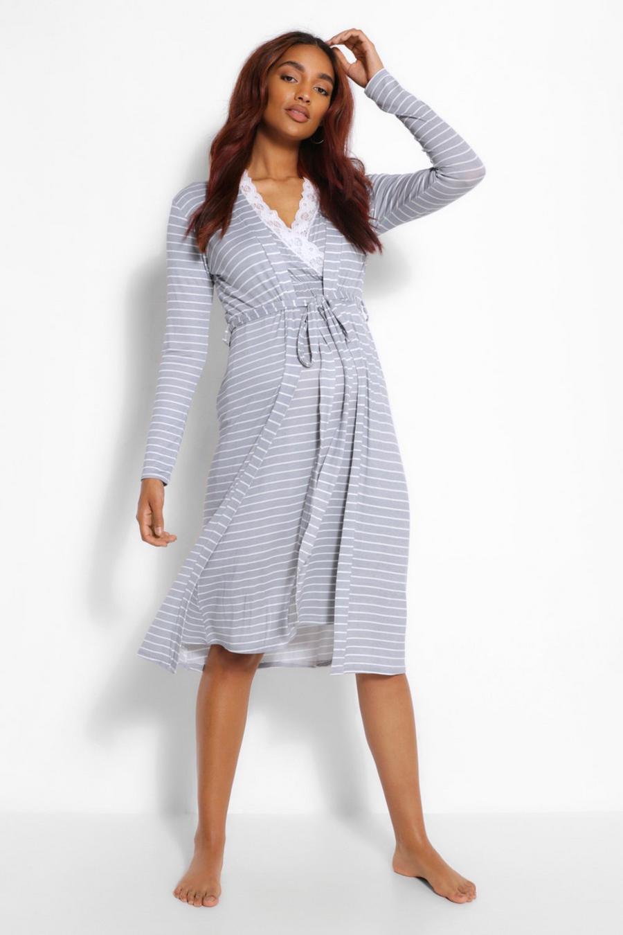 Grey marl Maternity Stripe Nursing Nightgown And Robe Set