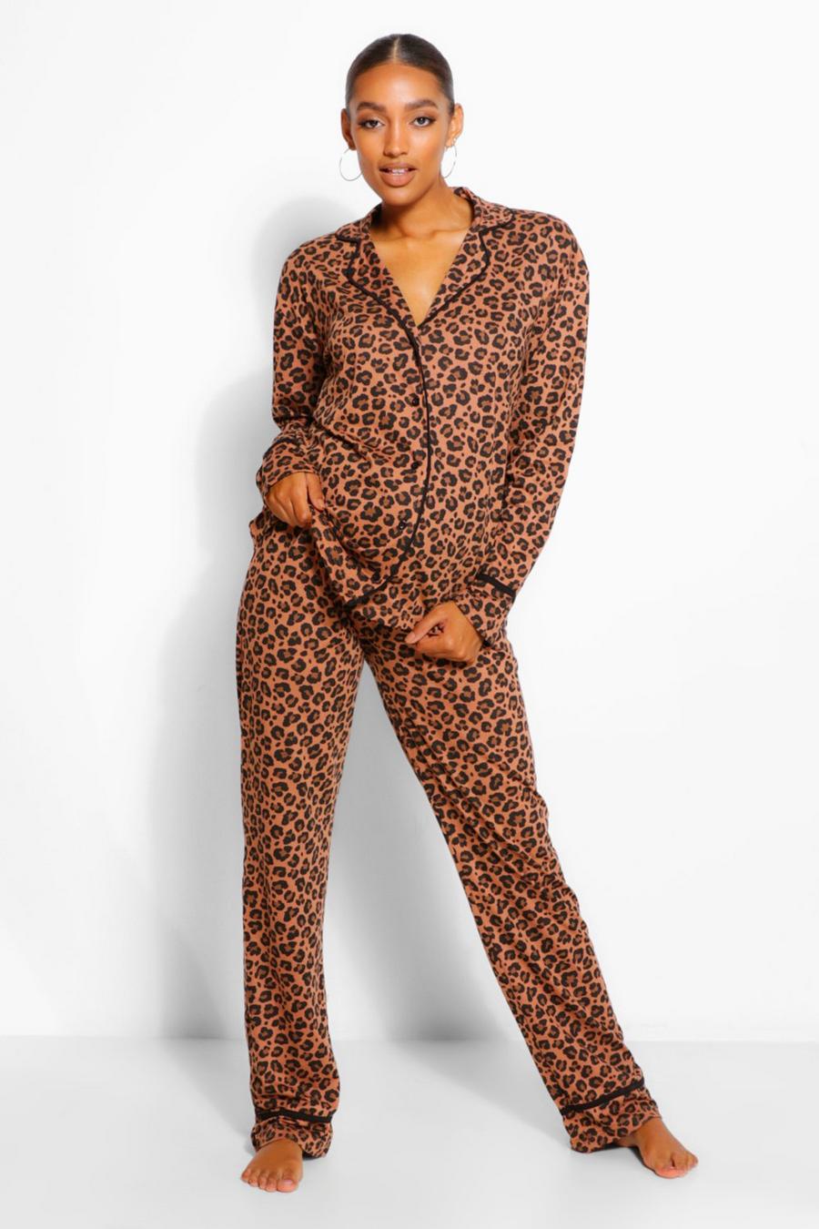 Tan Maternity Leopard Print Pipe Detail PJ Trouser Set image number 1