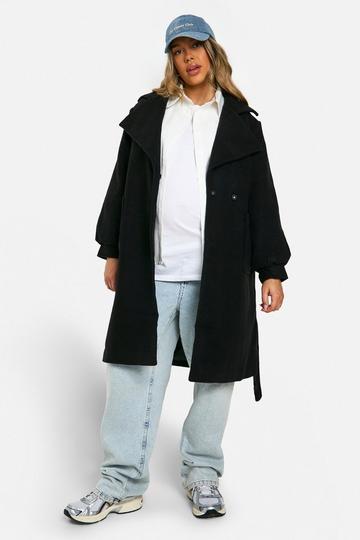 Black Maternity Wrap Pocket Front Coat