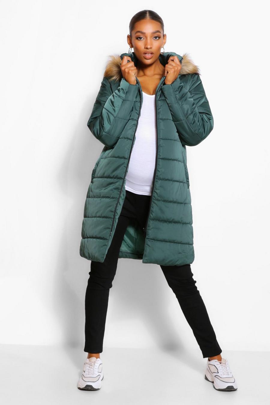 Midnight green Maternity Padded Faux Fur Trim Coat image number 1