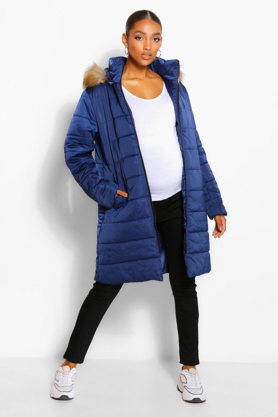 Navy Maternity Padded Faux Fur Trim Coat image number 1