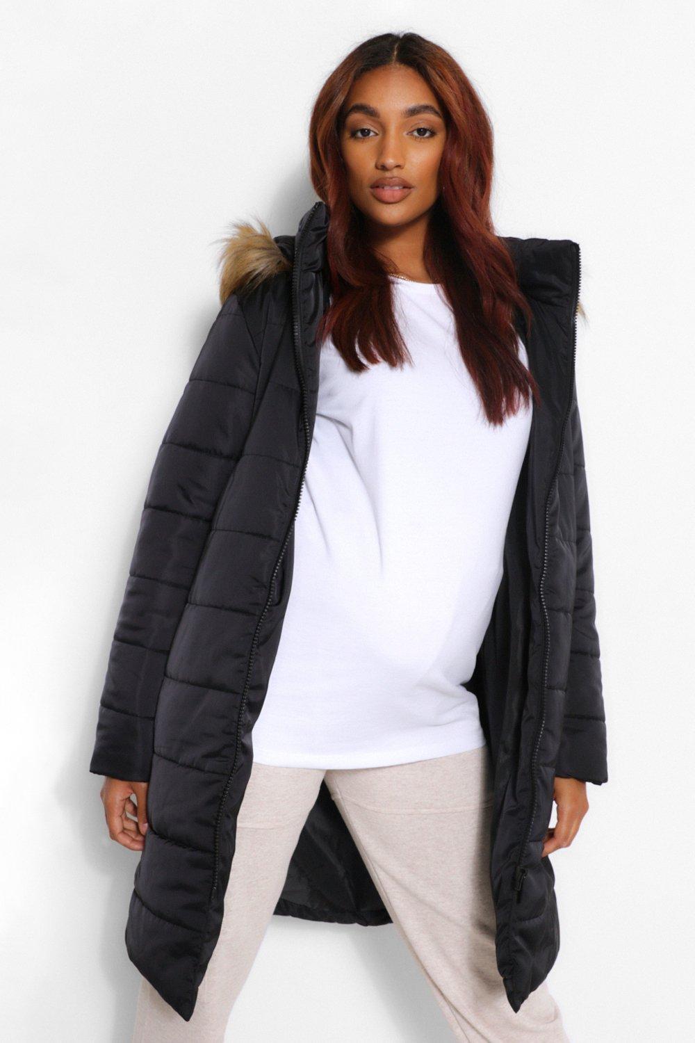 black padded faux fur trim puffer coat