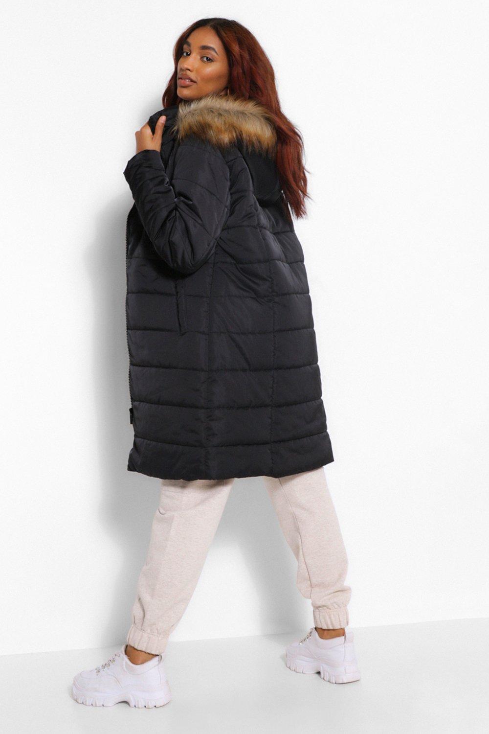 Maternity Padded Faux Fur Trim Coat