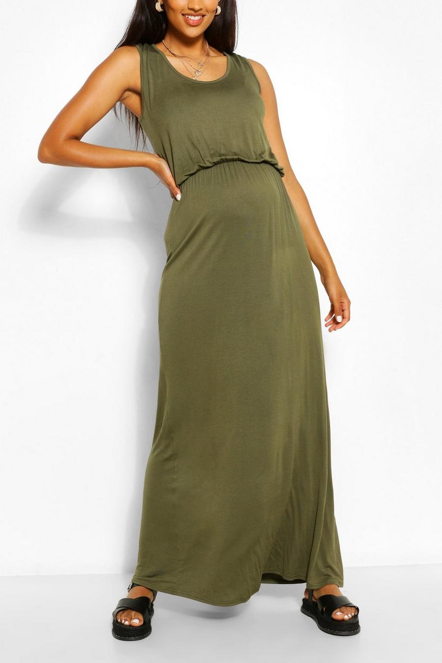 Khaki Maternity Scoop Neck Shirred Maxi Dress image number 1