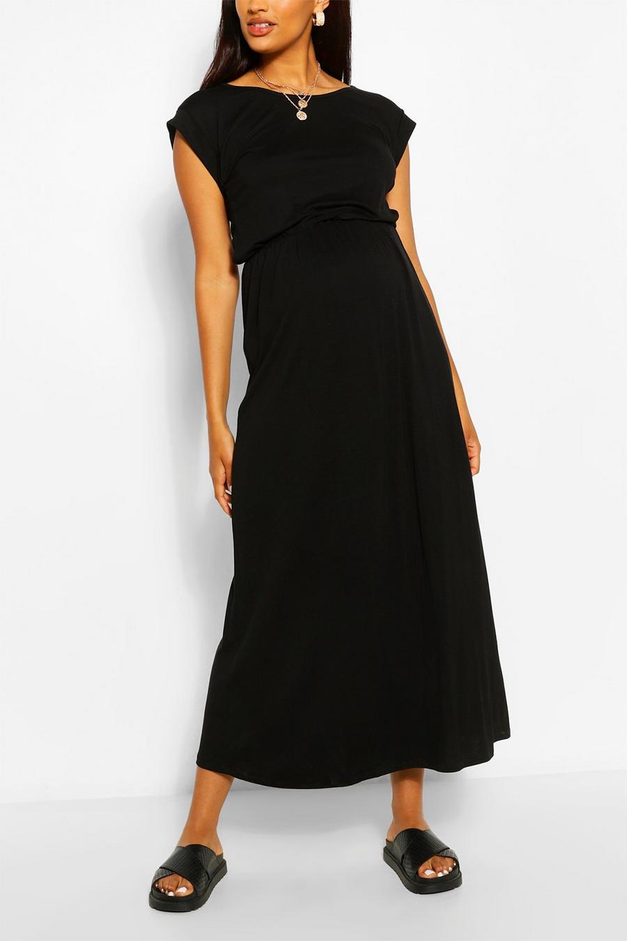 Black Maternity Cap Sleeve Shirred Waist Maxi Dress image number 1