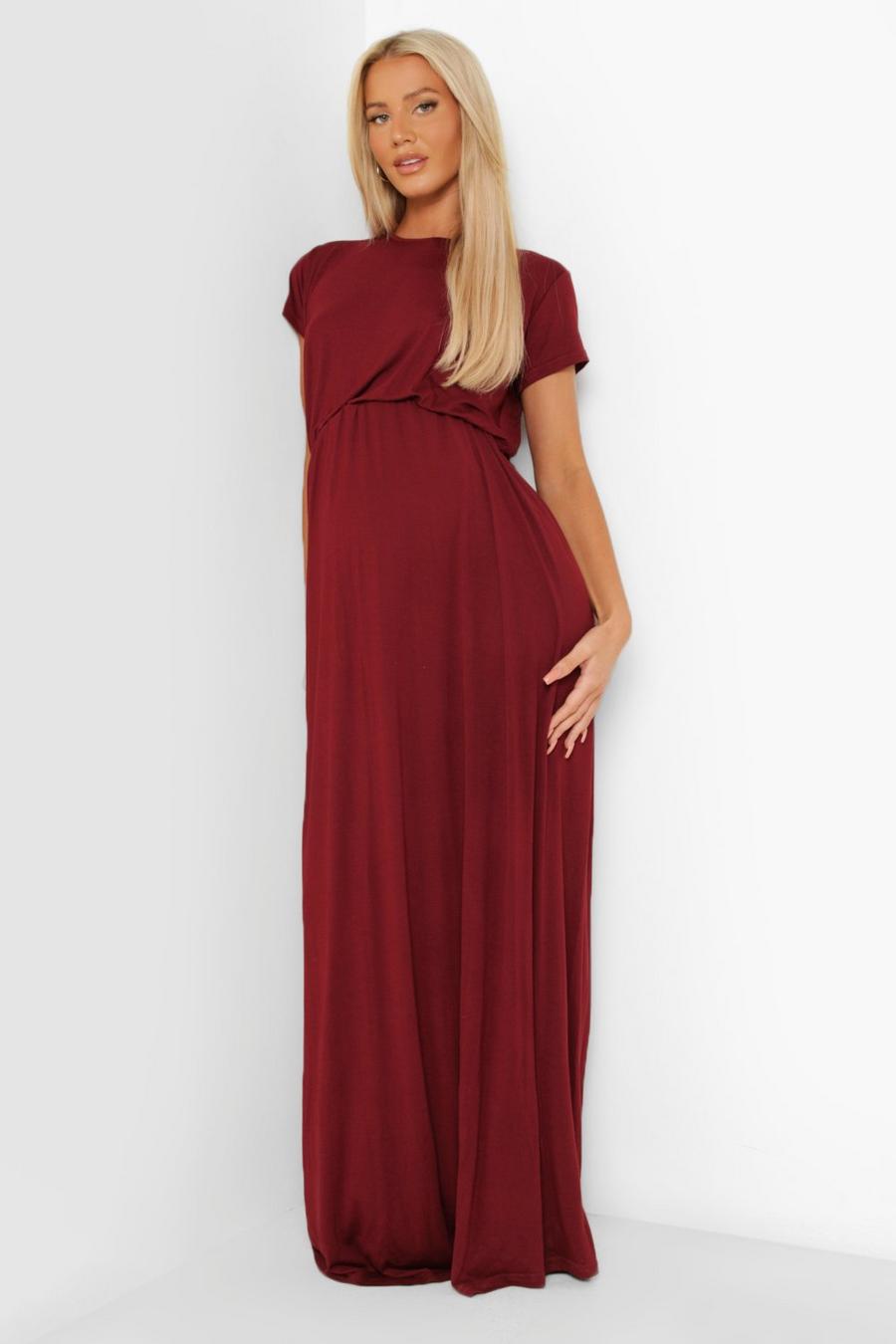 Wine Maternity Cap Sleeve Shirred Waist Maxi Dress image number 1