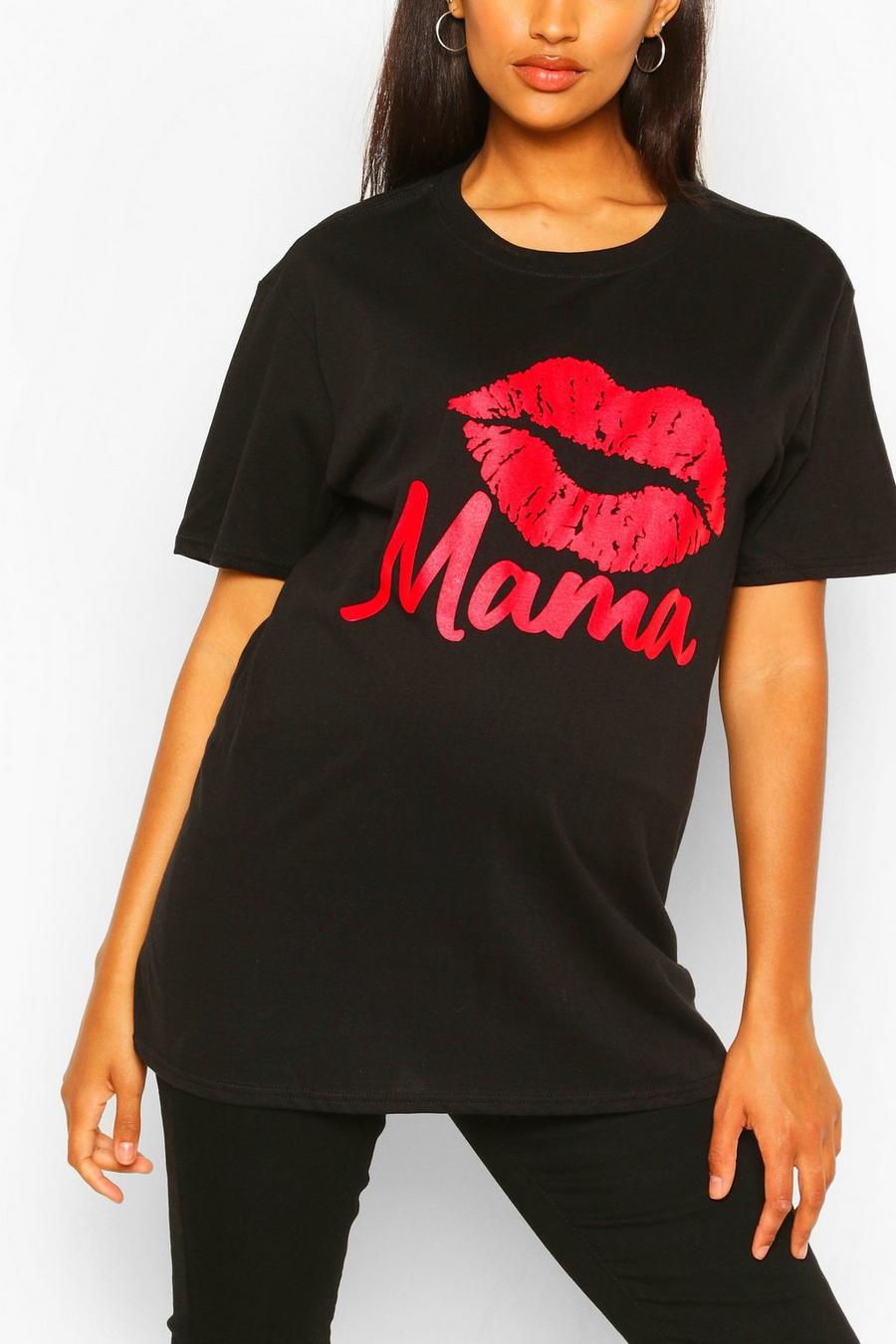 Camiseta con eslogan "Mama" y estampado de labios Ropa premamá, Negro image number 1