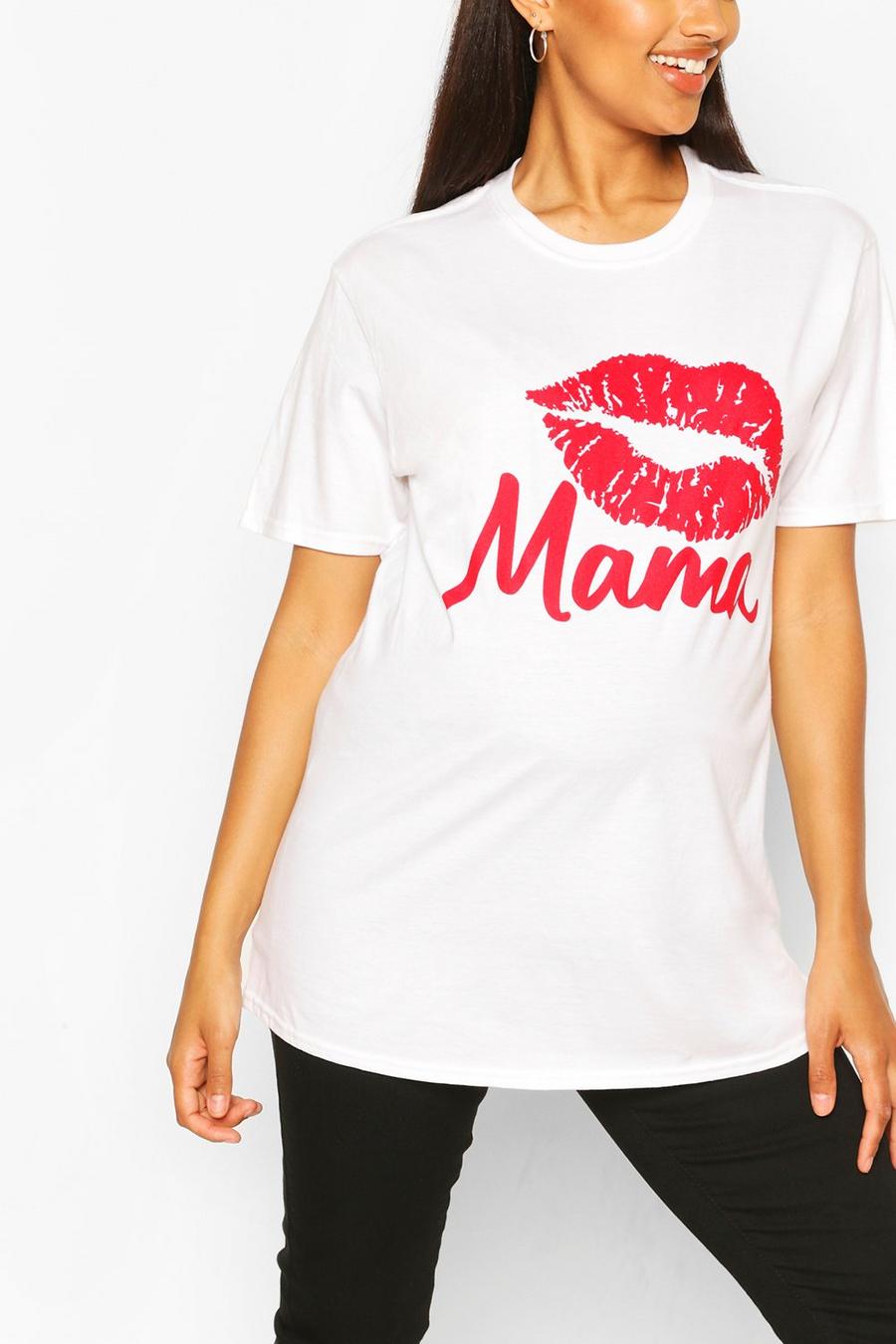 White Maternity Lip Print Mama Slogan T-Shirt image number 1