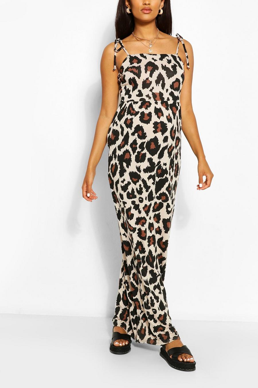 Tan Maternity Tie Shoulder Leopard Print Maxi Dress image number 1