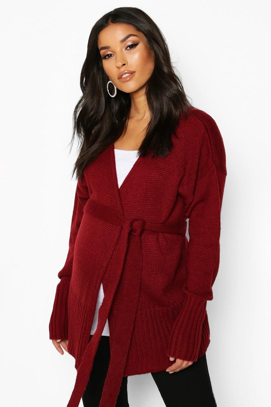 Wine red Maternity Belted Cardigan