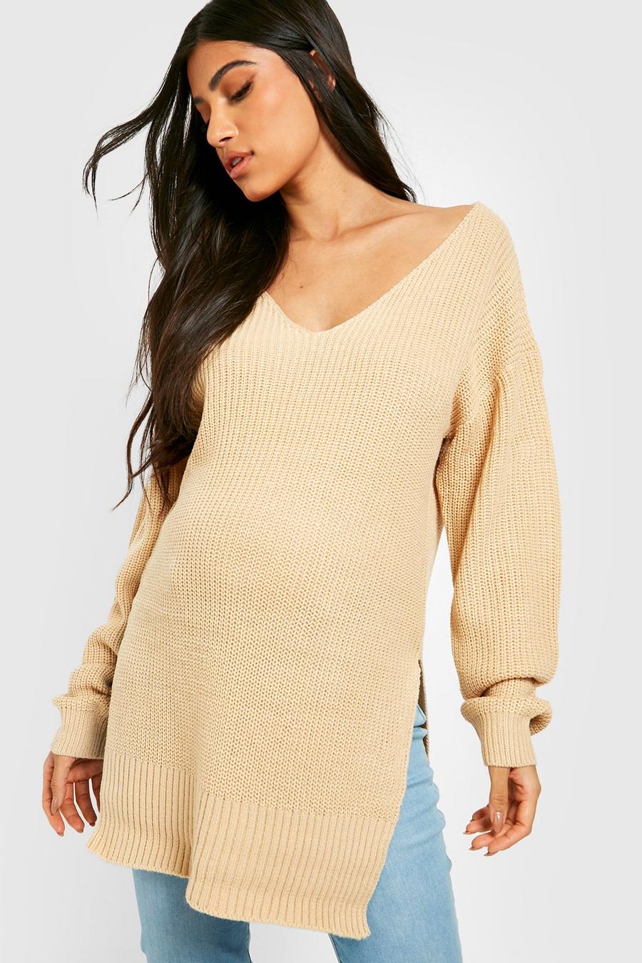 Oatmeal Maternity V-Neck Side Split Sweater image number 1