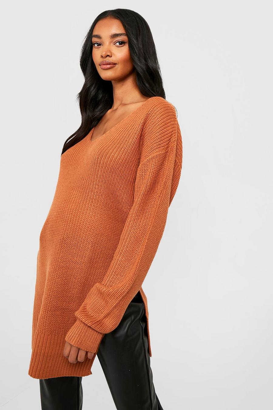 Rust Maternity V-Neck Side Split Sweater